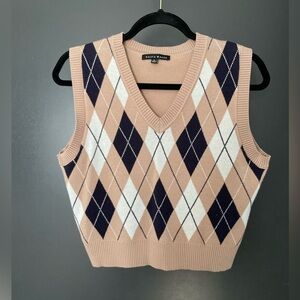 Haute Monde Women’s V-Neck Argyle Sweater Vest Tan Navy Large academia preppy